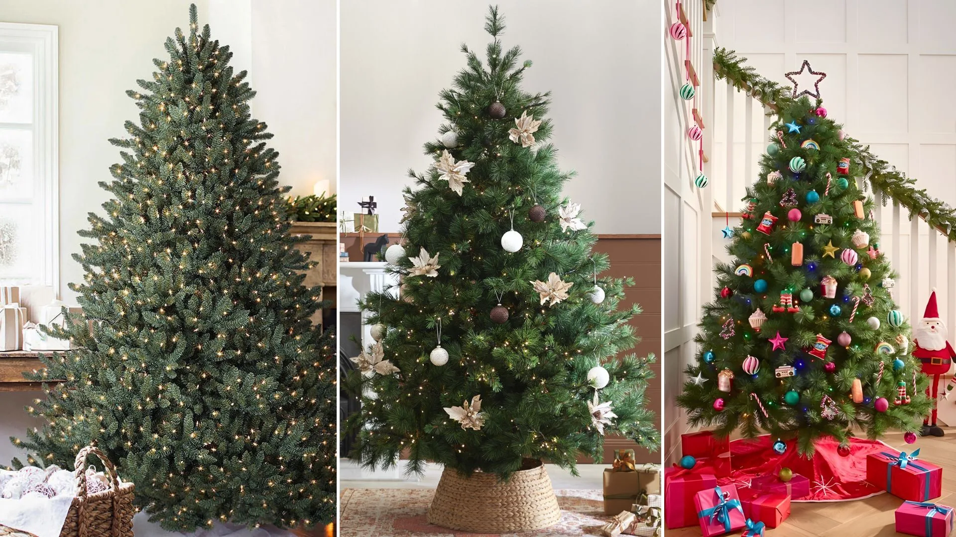 Best artificial Christmas tree Australia composite (l-r): Balsam Hill Canadian Blue Green Spruce, Temple & Webster Classic Pine pre-lit, Myer Giftorium Delux Reno 210 pine tree