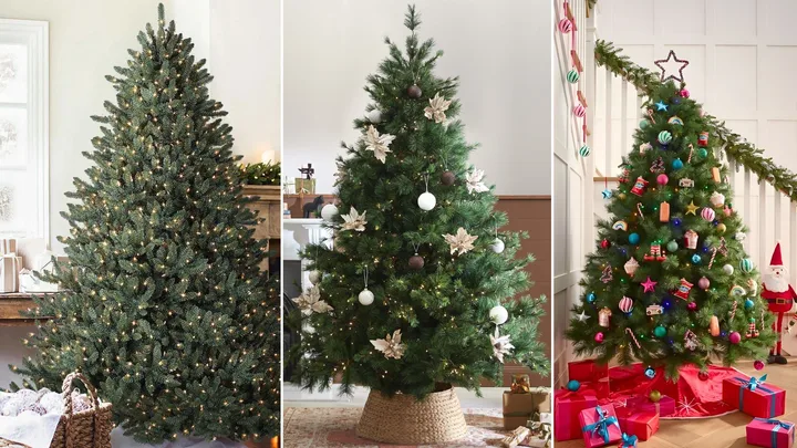 Best artificial Christmas tree Australia composite (l-r): Balsam Hill Canadian Blue Green Spruce, Temple & Webster Classic Pine pre-lit, Myer Giftorium Delux Reno 210 pine tree