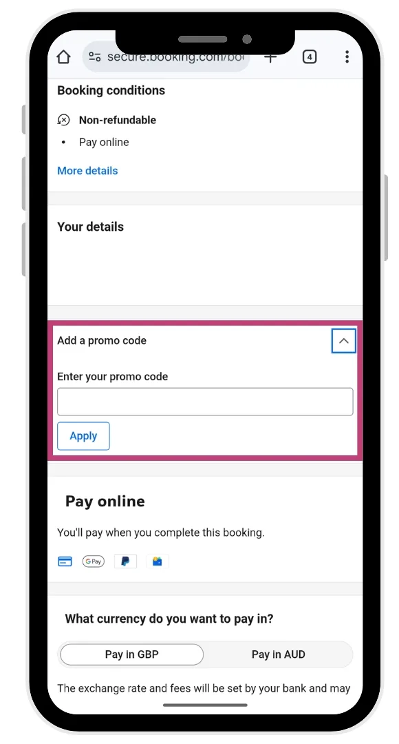 The Booking.com promo code field at the checkout