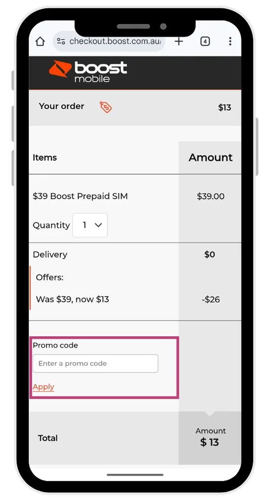 The Boost Mobile promo code field at the checkout when ordering a prepaid SIM.