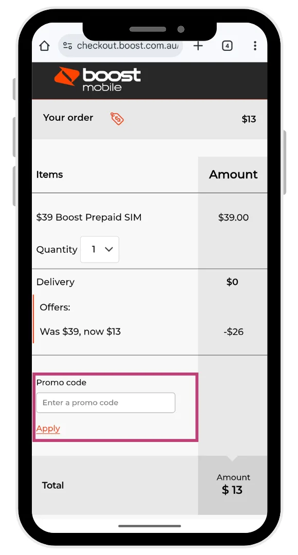 The Boost Mobile promo code field at the checkout when ordering a prepaid SIM.