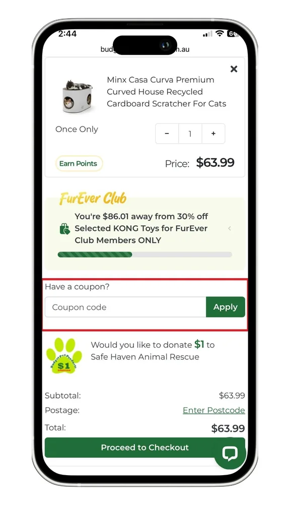 Screenshot of where to apply a budget pet product discount code at checkout.