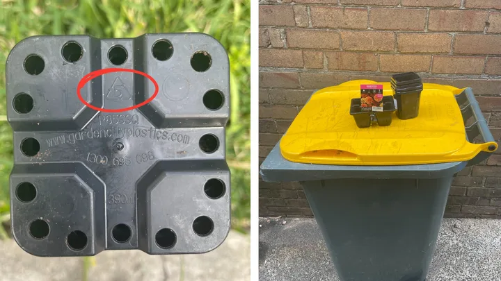 split image of upside plant pot with recycling symbol circled and image of yellow bin with plastic plant pots on top
