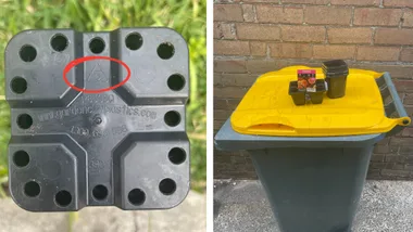 split image of upside plant pot with recycling symbol circled and image of yellow bin with plastic plant pots on top