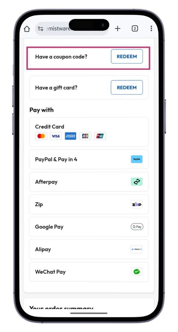 The Chemist Warehouse discount code field is revealed after clicking on 'Redeem' next to 'Have a coupon' 