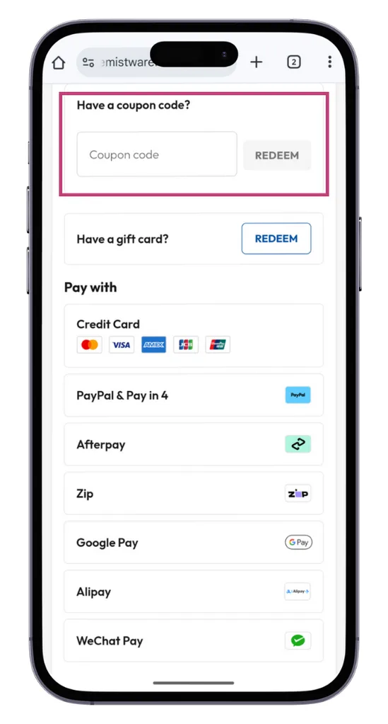The Chemist Warehouse discount code field at the checkout