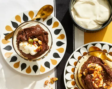 chocolate mousse in patterned tear drop bowls