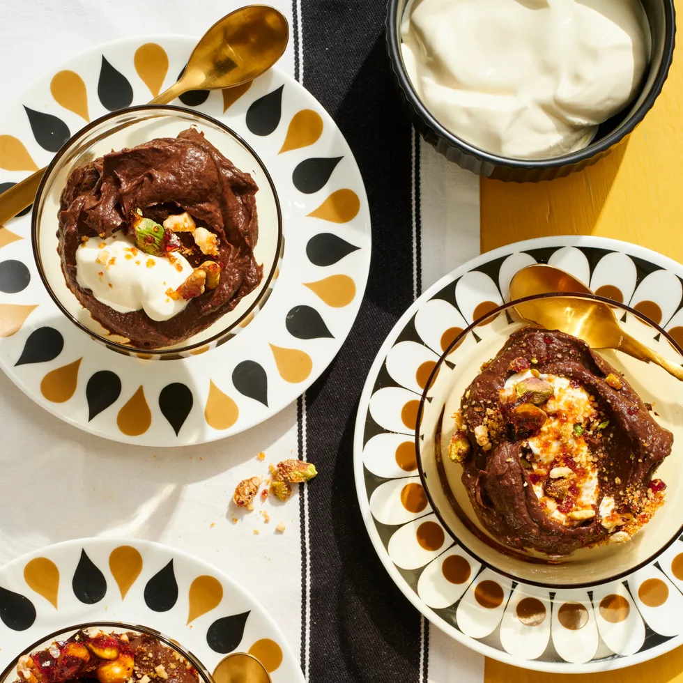 chocolate mousse in patterned tear drop bowls