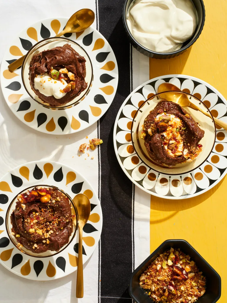 chocolate mousse in patterned tear drop bowls