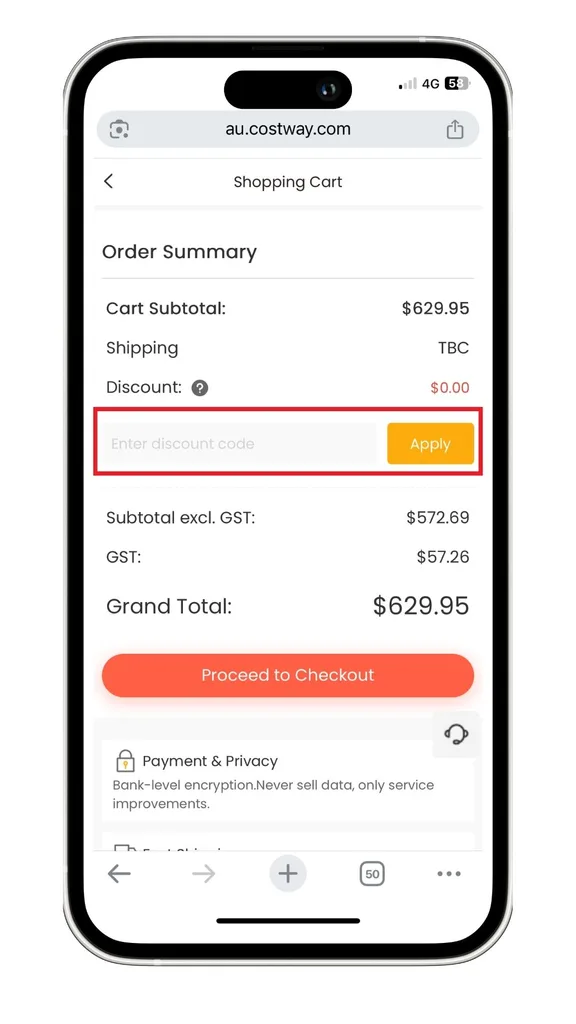 A screenshot of where to add a Costway discount code at checkout.