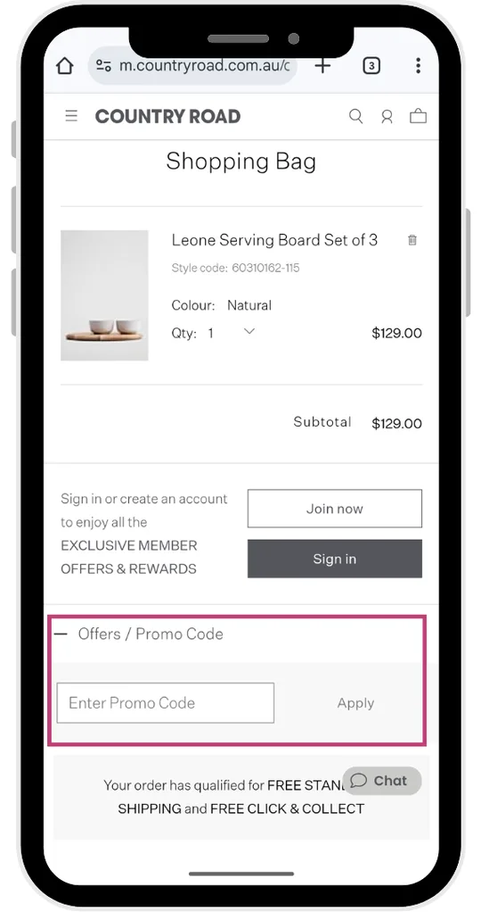 The Country Road discount code field at the checkout