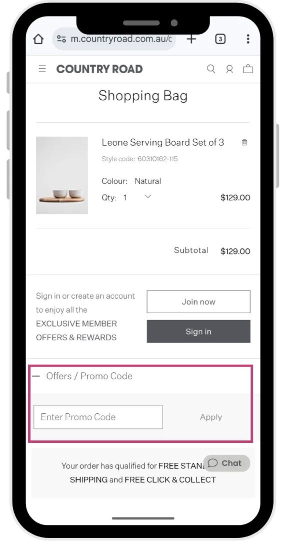The Country Road discount code field at the checkout