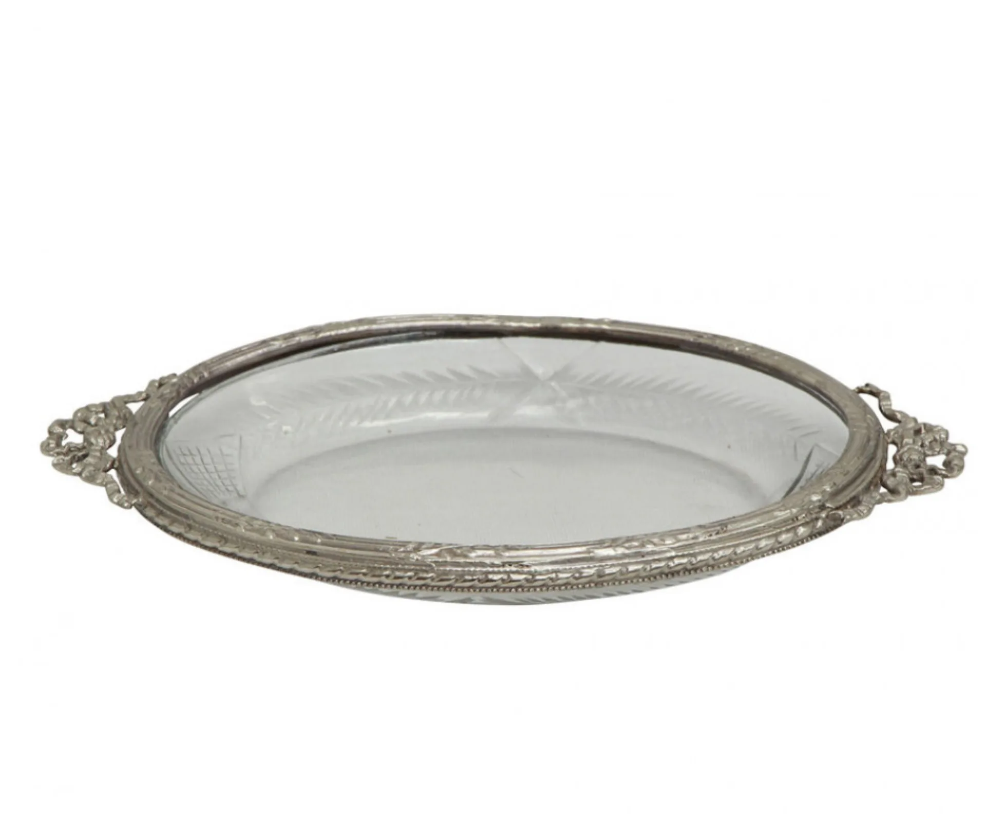 silver and glass trinket dish used for soap with embellished filigree handles