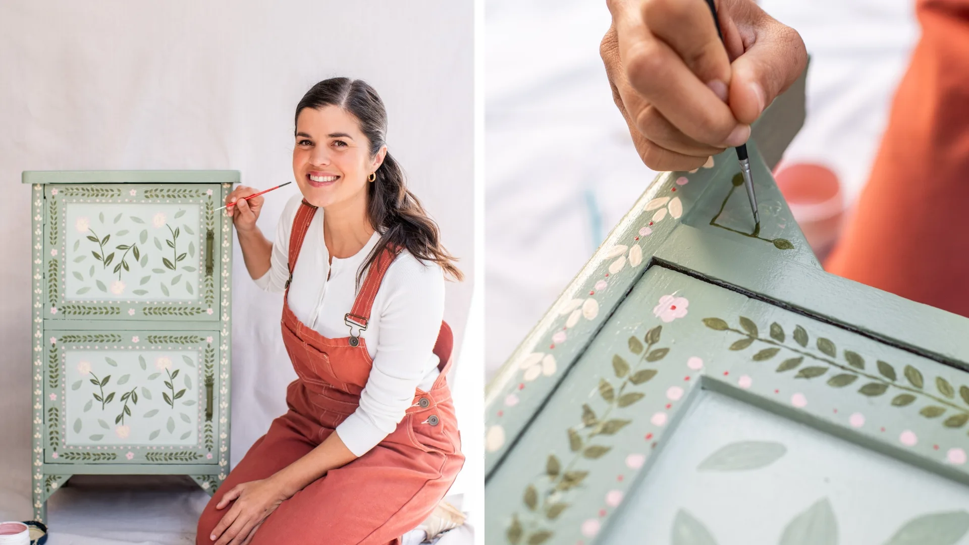 geneva vanderzeil posed painting a floral cabinet with red overall on side by side a close up of her painting intricate flower detail
