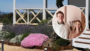 josh and jenna front garden with pink flowers and lavender and circle image of couple on the right side