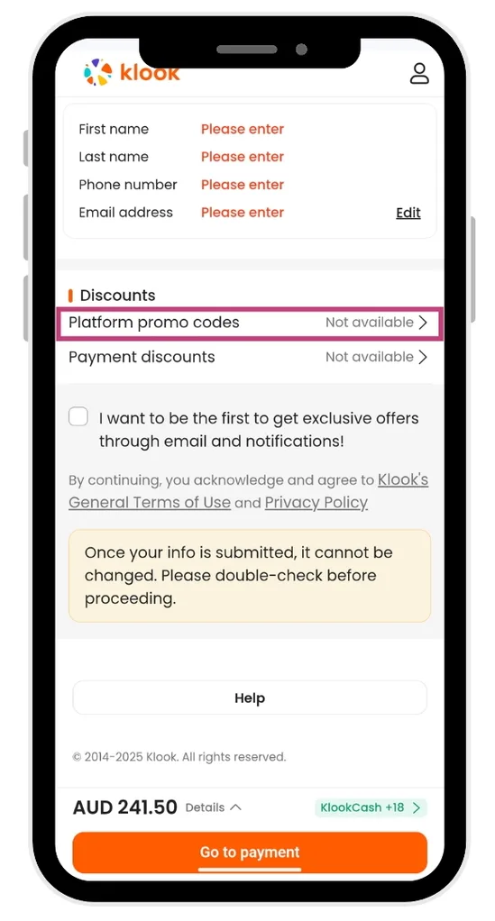 The Klook discount code field appears after clicking on the promo code field.