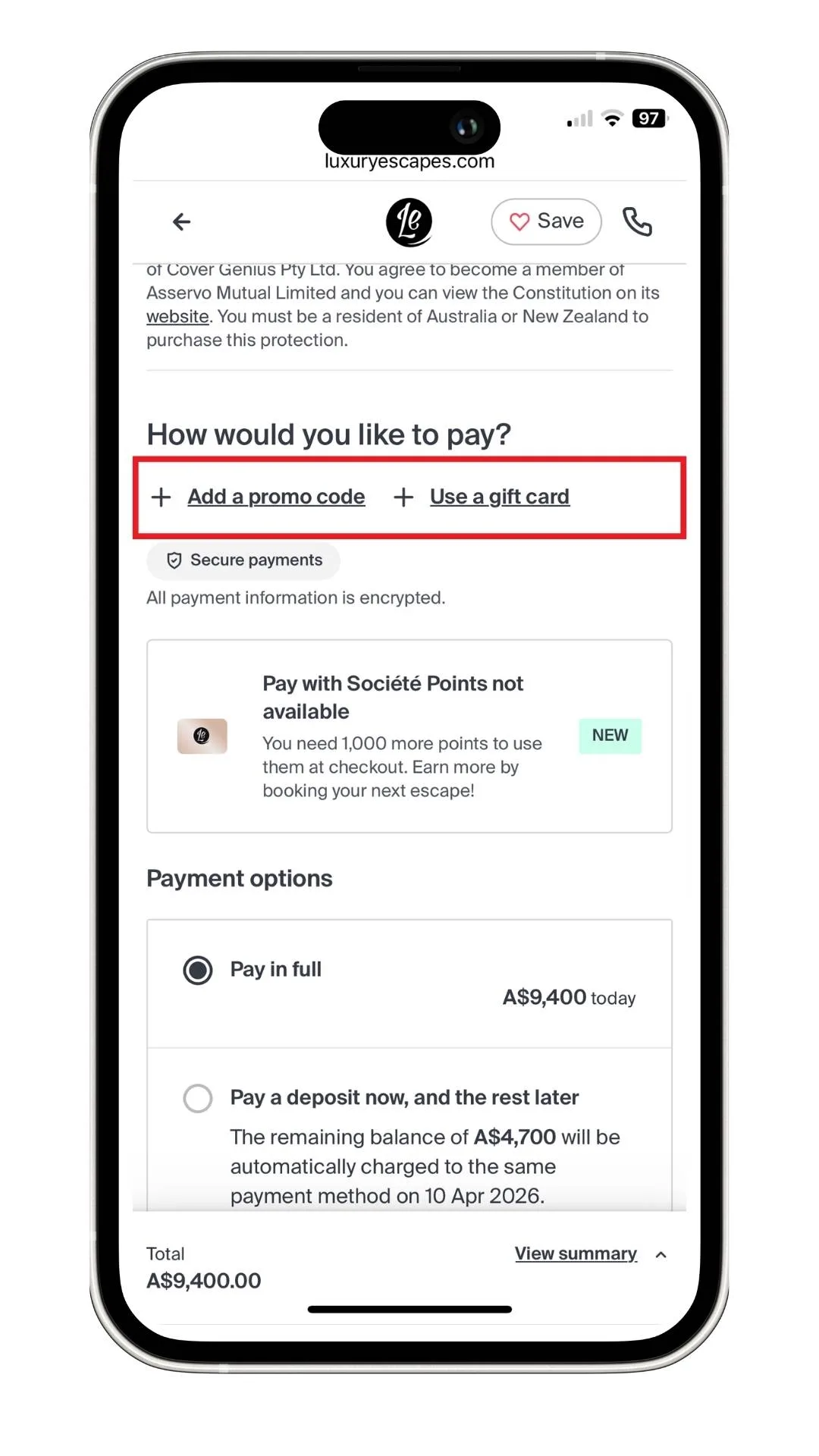A screenshot of where to redeem a luxury escapes discount code on the checkout page.