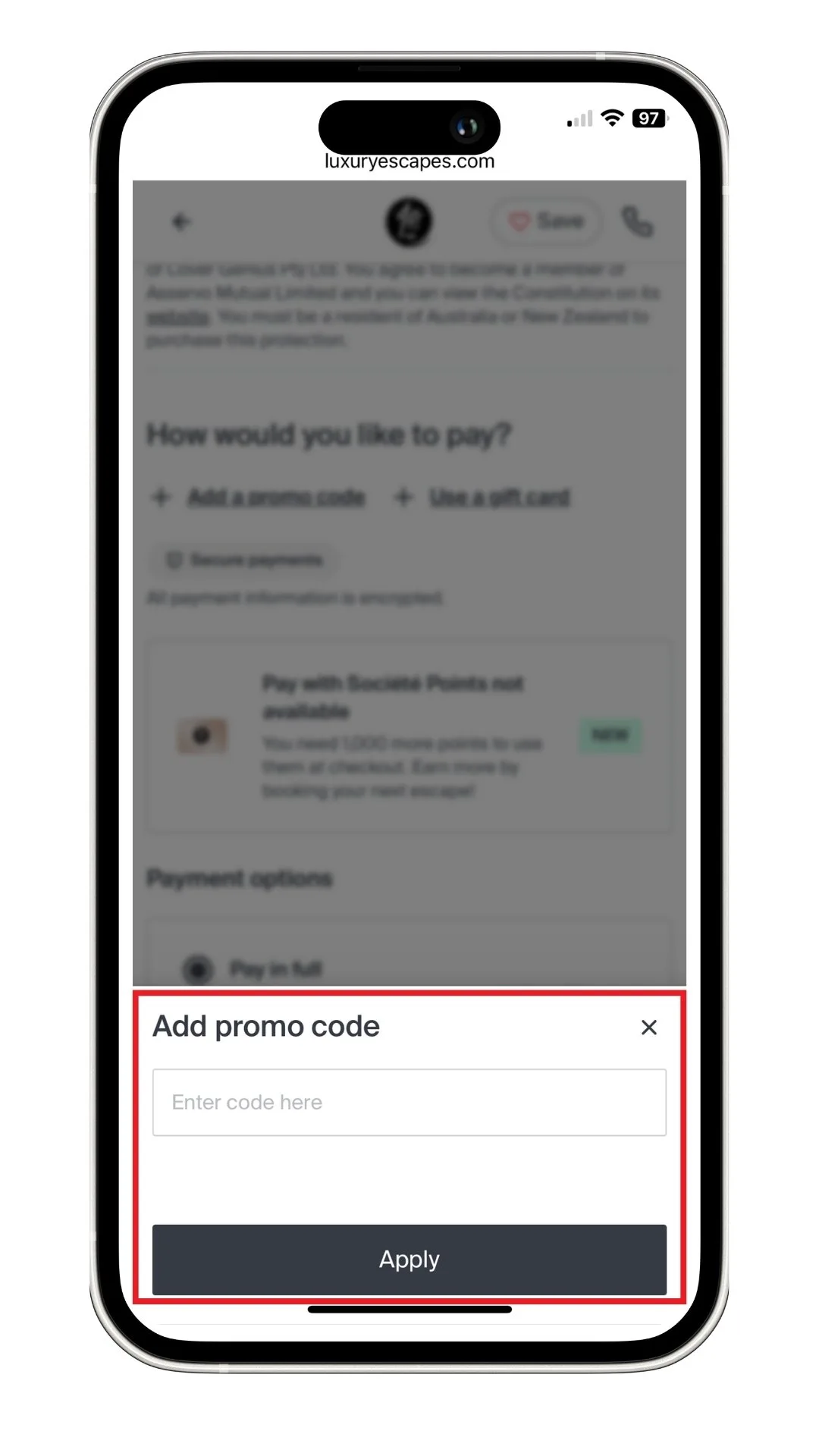 A screenshot of how to redeem a luxury escapes discount code.