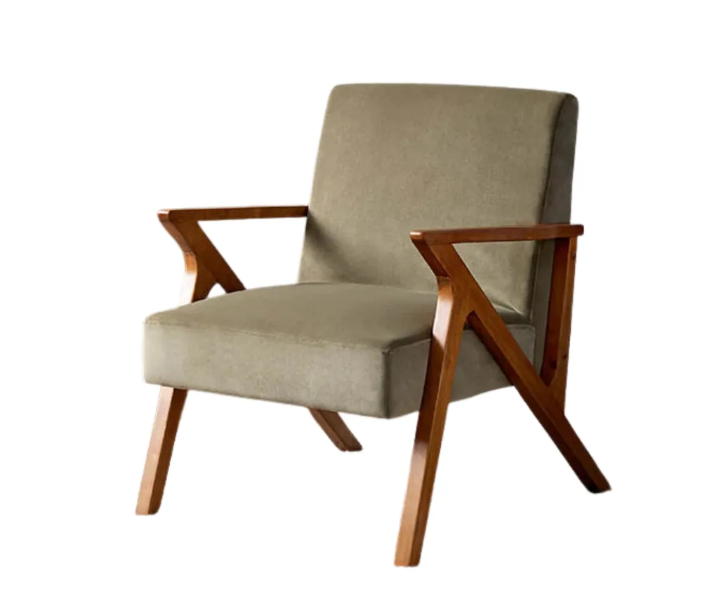 mid century style chair with triangle arms and green velvet upholstery