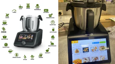 optimum thermocook with image of multicooker capabilities and picture on kitchen bench with screen on