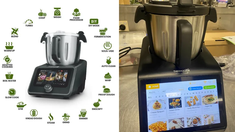 optimum thermocook with image of multicooker capabilities and picture on kitchen bench with screen on