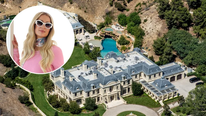 paris hilton portrait in pink outfit and white sunnies and background of huge mansion in beverly park