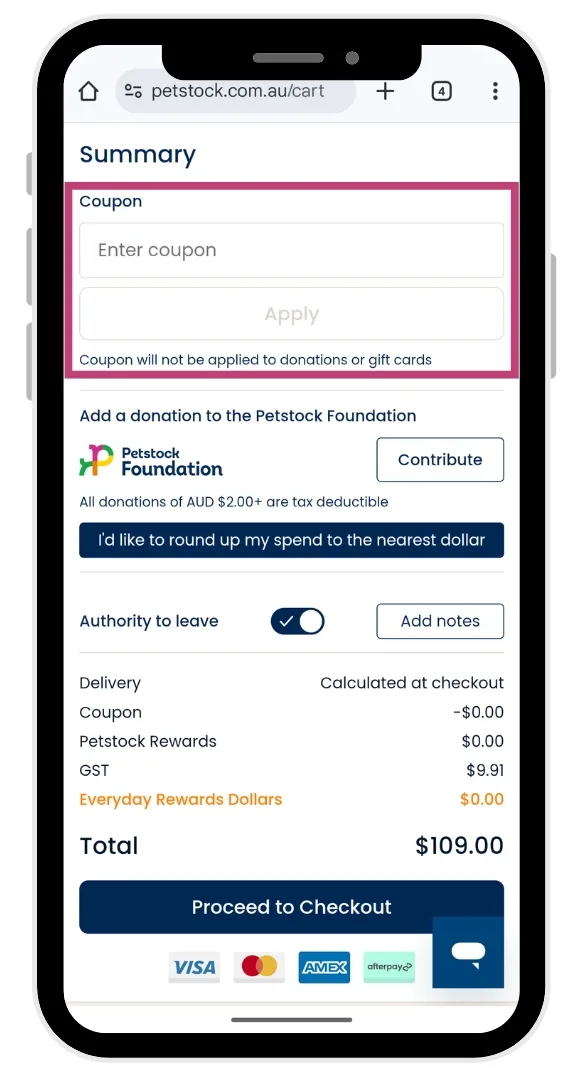 The Petstock coupon code field is in the summary section at the checkout.