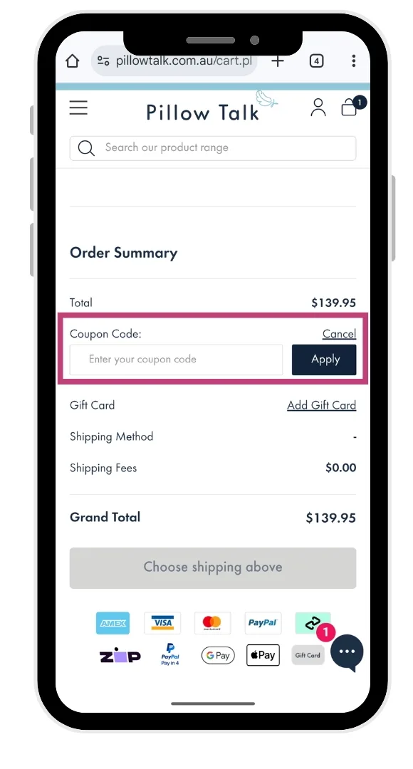 The Pillow Talk promo code at the checkout