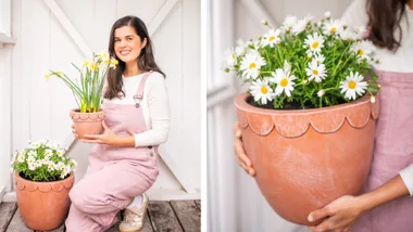 geneva vanderzeil holding pot with daffodils in it and a scalloped edge pot with a pot filled with daisies and scalloped terracotta pot edge on the right
