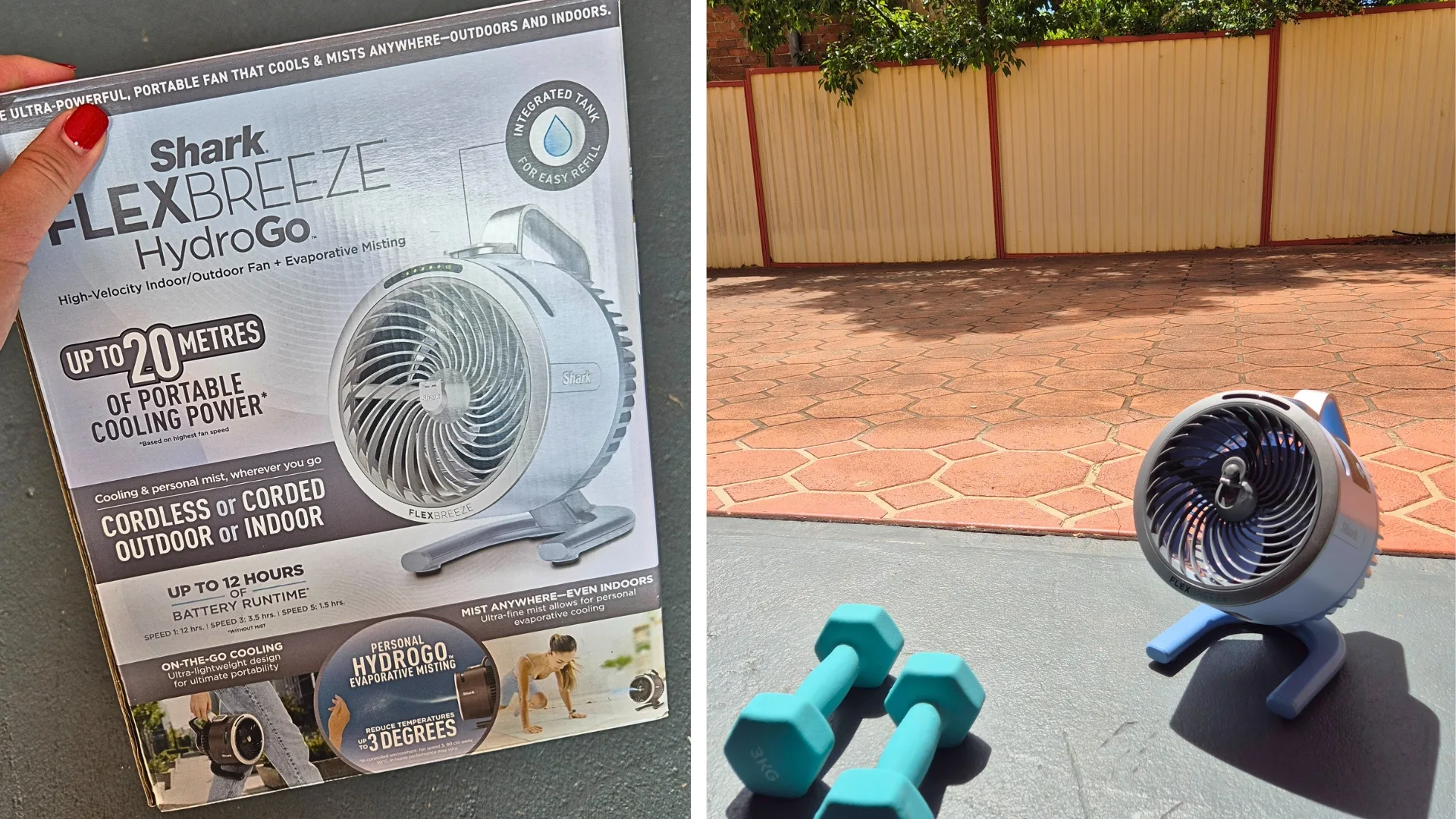 Shark FlexBreeze HydroGo portable misting fan in a box (left) and unboxed next to dumbbells for size comparison (right).