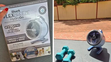 Shark FlexBreeze HydroGo portable misting fan in a box (left) and unboxed next to dumbbells for size comparison (right).