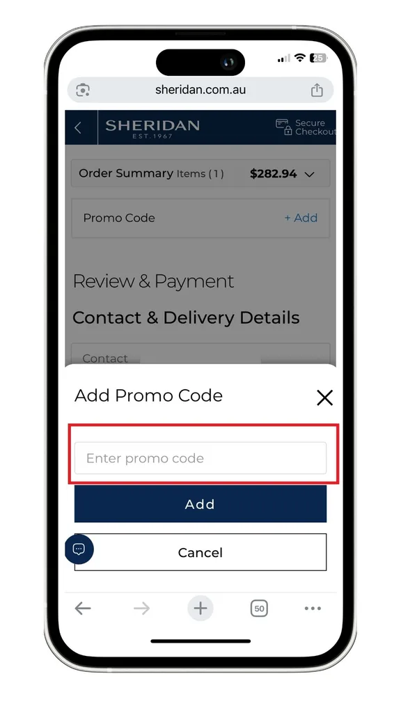 A screenshot of where to apply a Sheridan promo code.