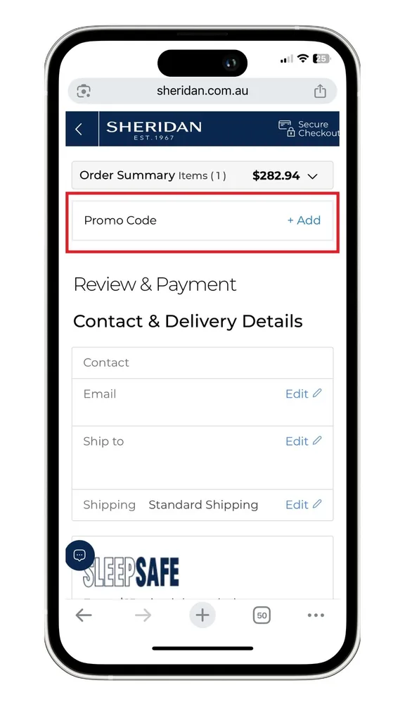 A screenshot of how to apply a Sheridan promo code.