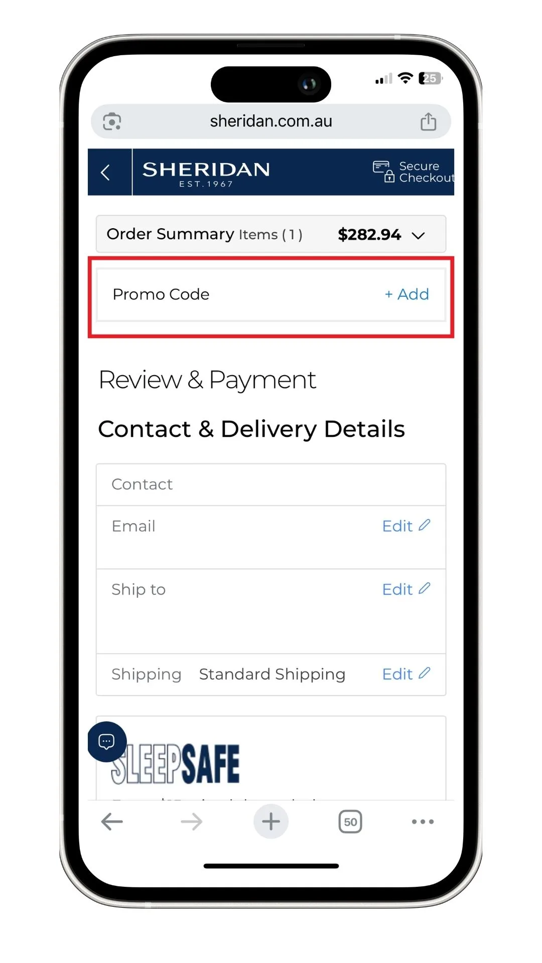 A screenshot of how to apply a Sheridan promo code.