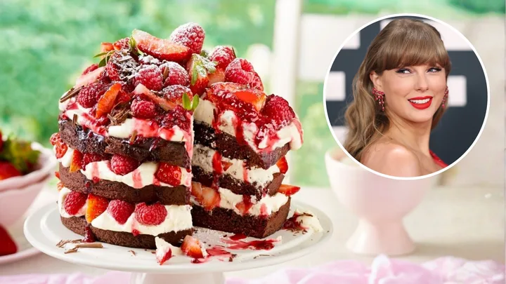 berry sponge cake with image of taylor swift next to it