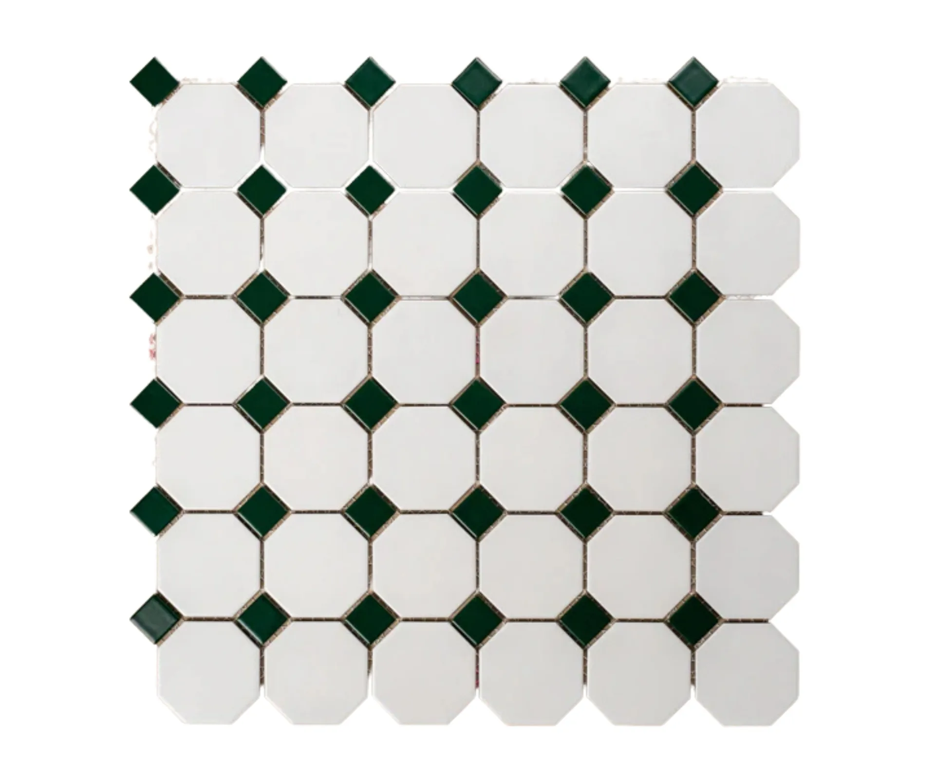 octagonal white tiles with diamond green tiles in between