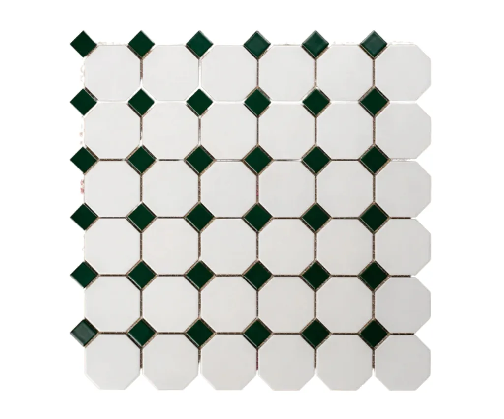 octagonal white tiles with diamond green tiles in between