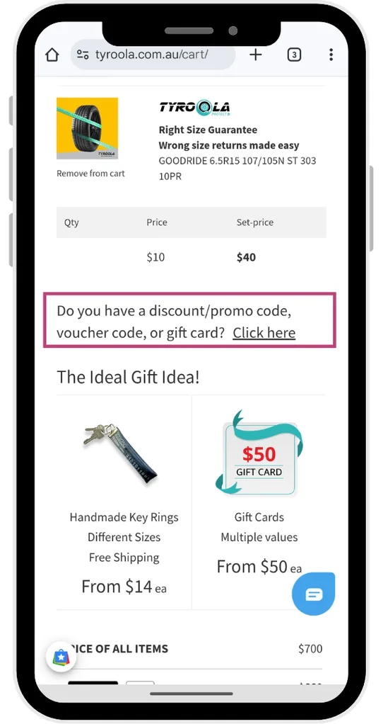 The Tyroola discount code field is revealed after clicking on the section asking if you have a code at the checkout.