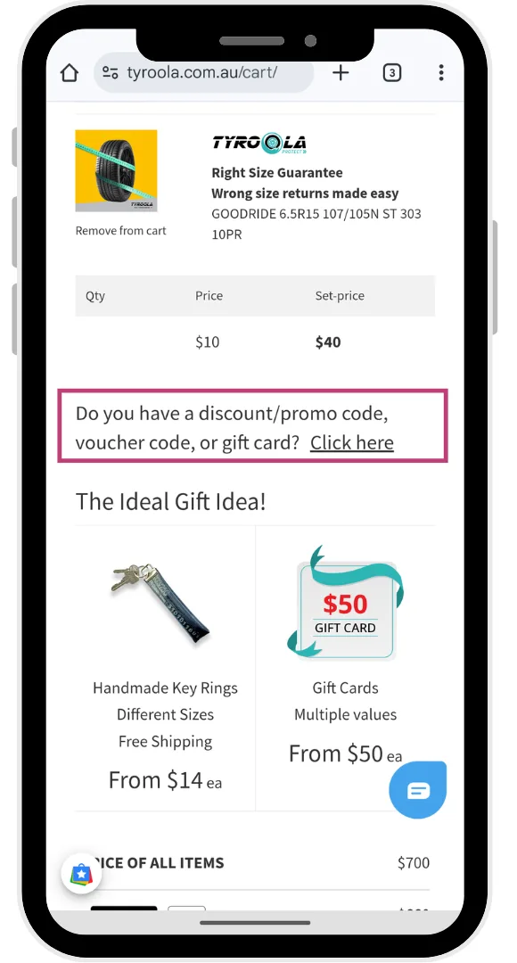 The Tyroola discount code field is revealed after clicking on the section asking if you have a code at the checkout.