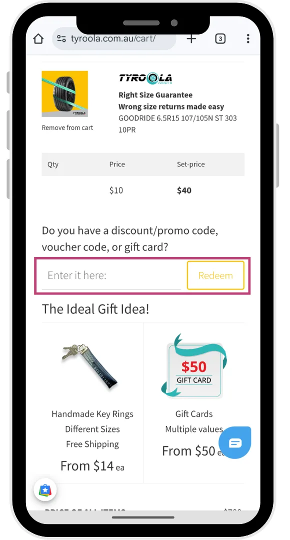 The Tyroola discount code field at the checkout