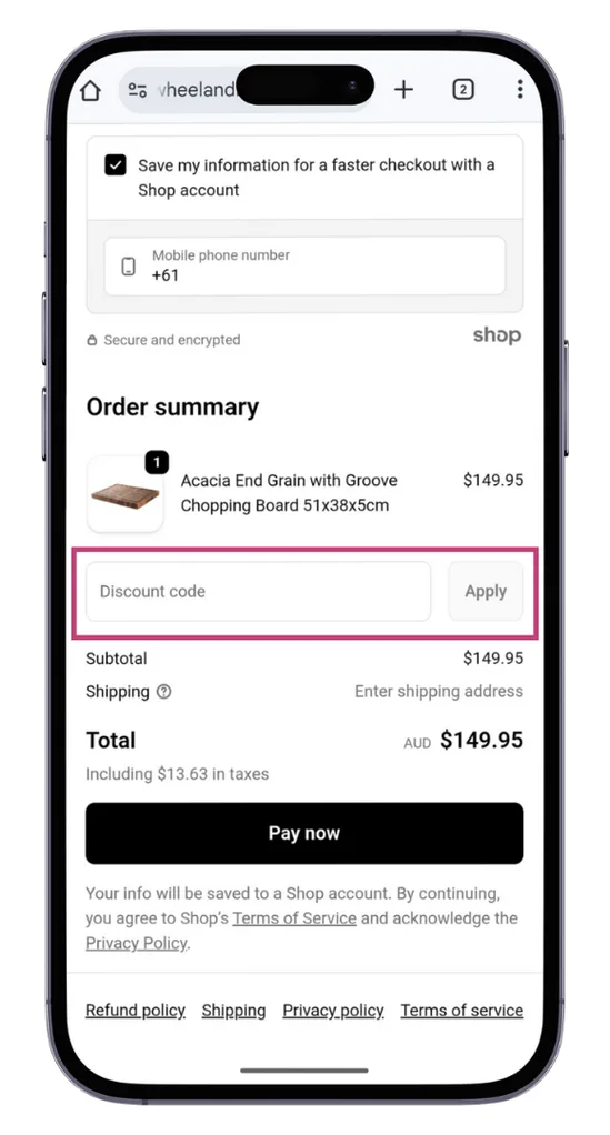 The Wheel and Barrow discount code field at the checkout