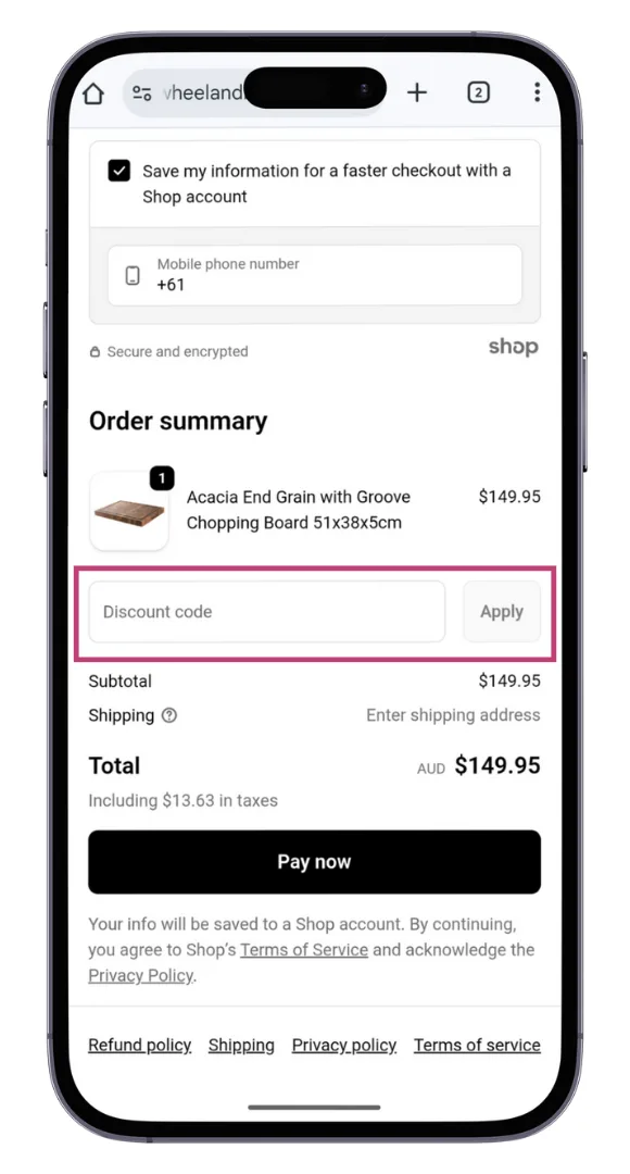 The Wheel and Barrow discount code field at the checkout