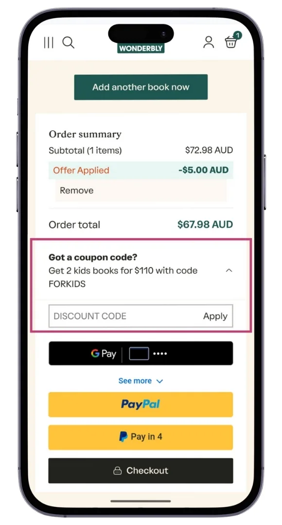 The Wonderbly discount code field at the checkout