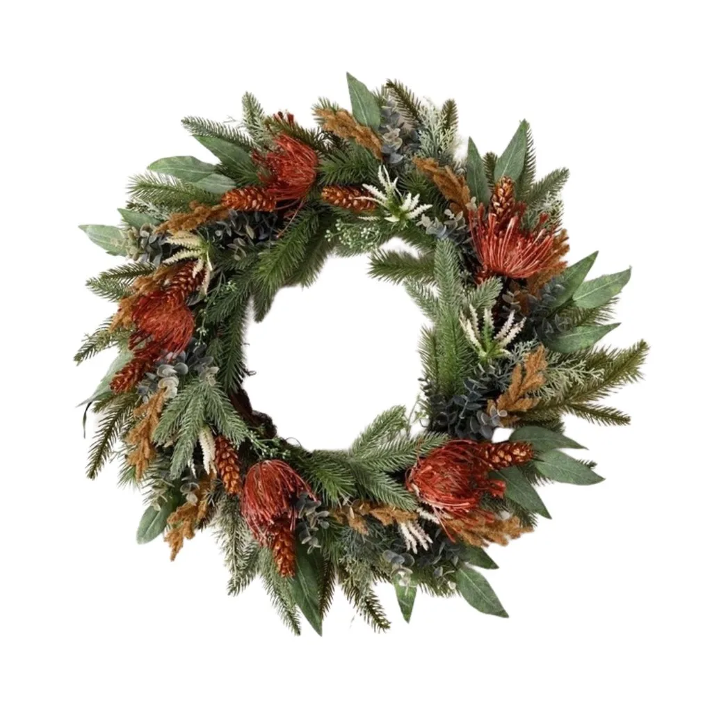 Australian House & Garden Eucalyptus Christmas Faux Pincushion Wreath 55cm in Green/Orange