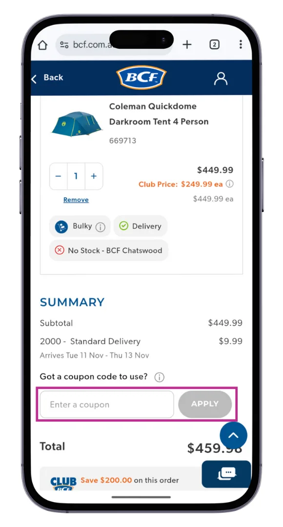 The BCF discount code field at the checkout.