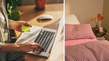 A woman doing online shopping during Black Friday in 2026 and an image on Sheet Society bedding, now on sale