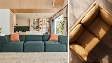 Best sofas Australia, featuring (L-R): Eva Everyday Sofa and Freedom Eton leather sofa