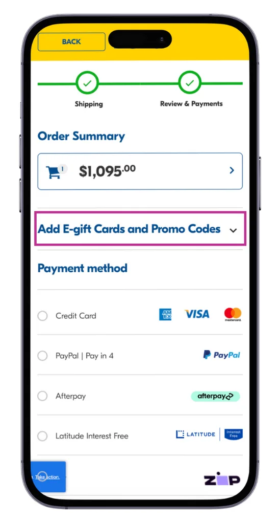 We found the Betta discount code field by clicking on 'Add e-gift cards and promo codes' at the checkout.