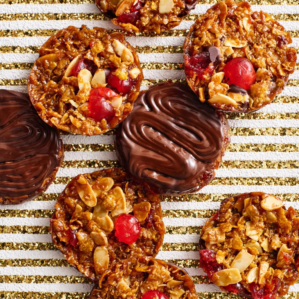 christmas florentines with cornflakes and dried fruit and chocolate dipped back