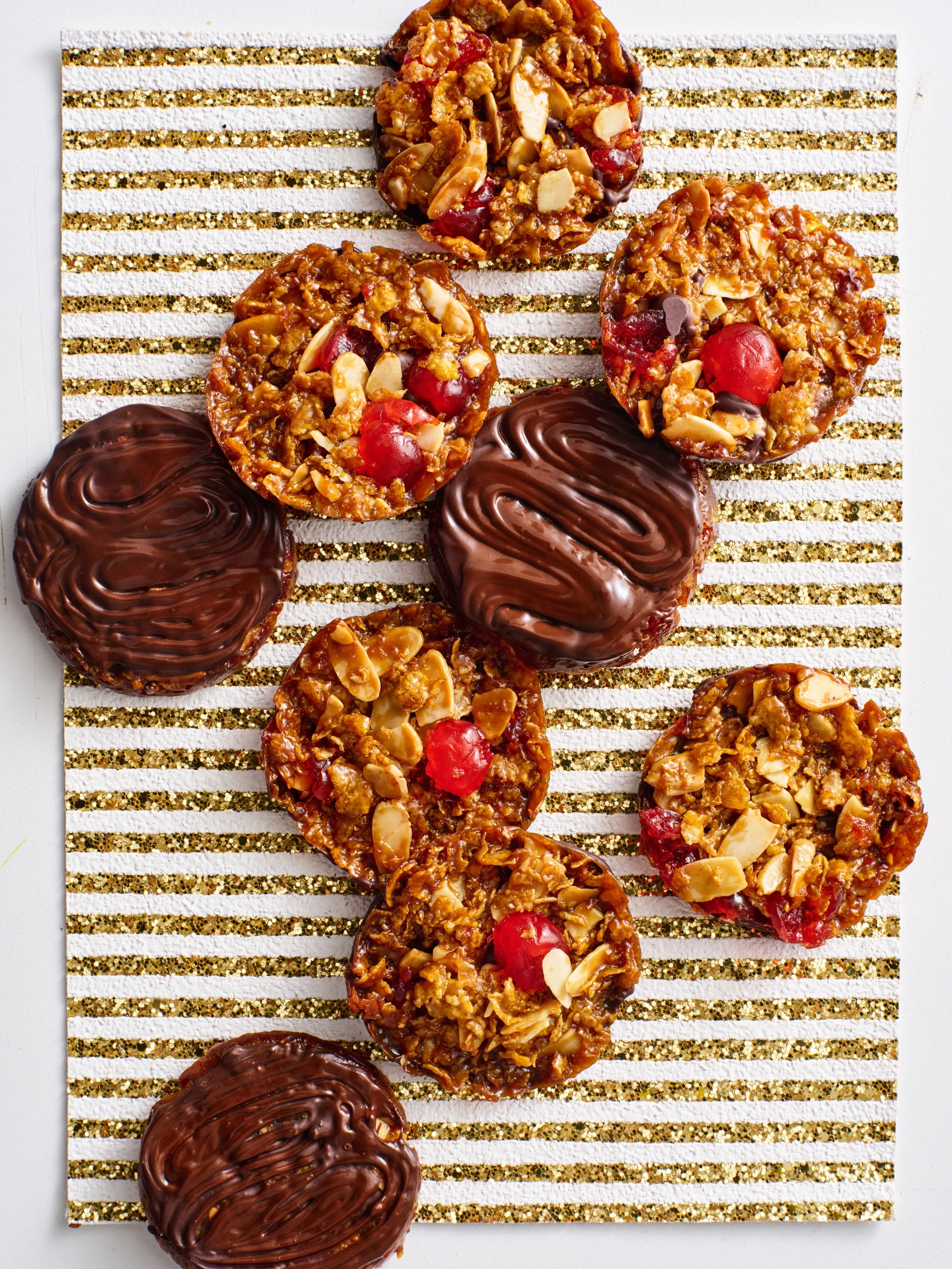 christmas florentines with cornflakes and dried fruit and chocolate dipped back